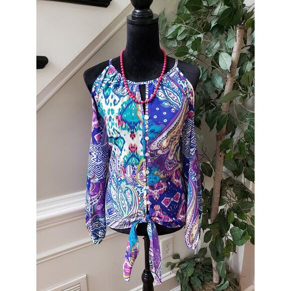 Chico's Shirt Top Women 0 Multicolor Cold Shoulder Sleeve Keyhole Back Tie Hem - Picture 2 of 11